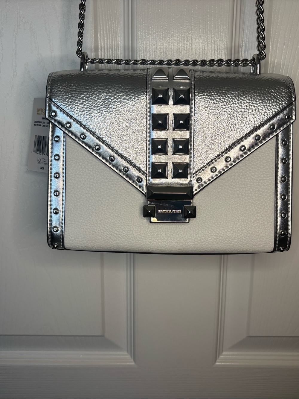 NWT Michael Kors Whitney Silver Metallic Studded Chain Crossbody - Picture 2 of 11